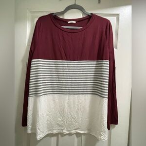 NEW E. Luna Burgundy Gray and Cream Color Block Long Sleeve Top Size 1X